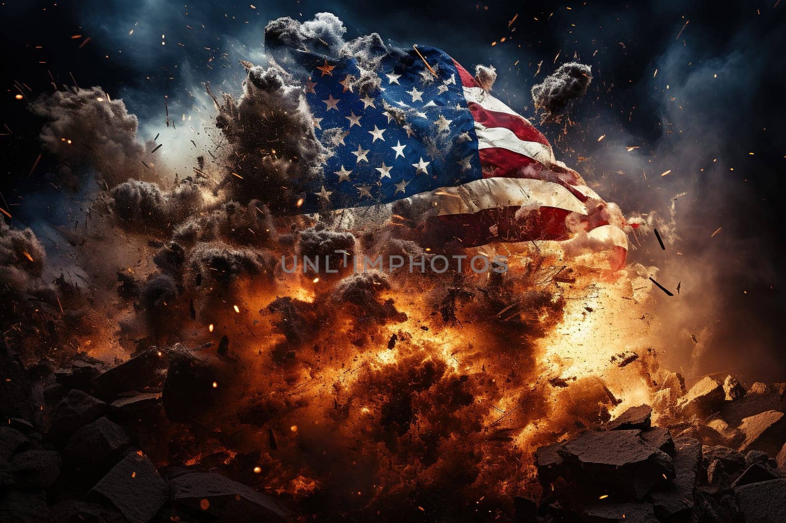 US flag against the background of destructive fire and smoke. Generated by artificial intelligence by Vovmar