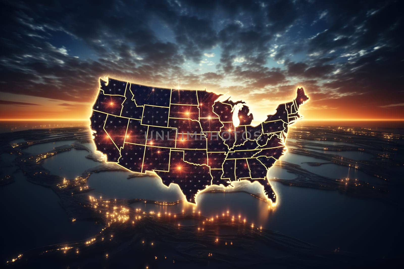 Image of a map of the USA against the background of planet Earth with a beautiful sky. Generative AI by Vovmar