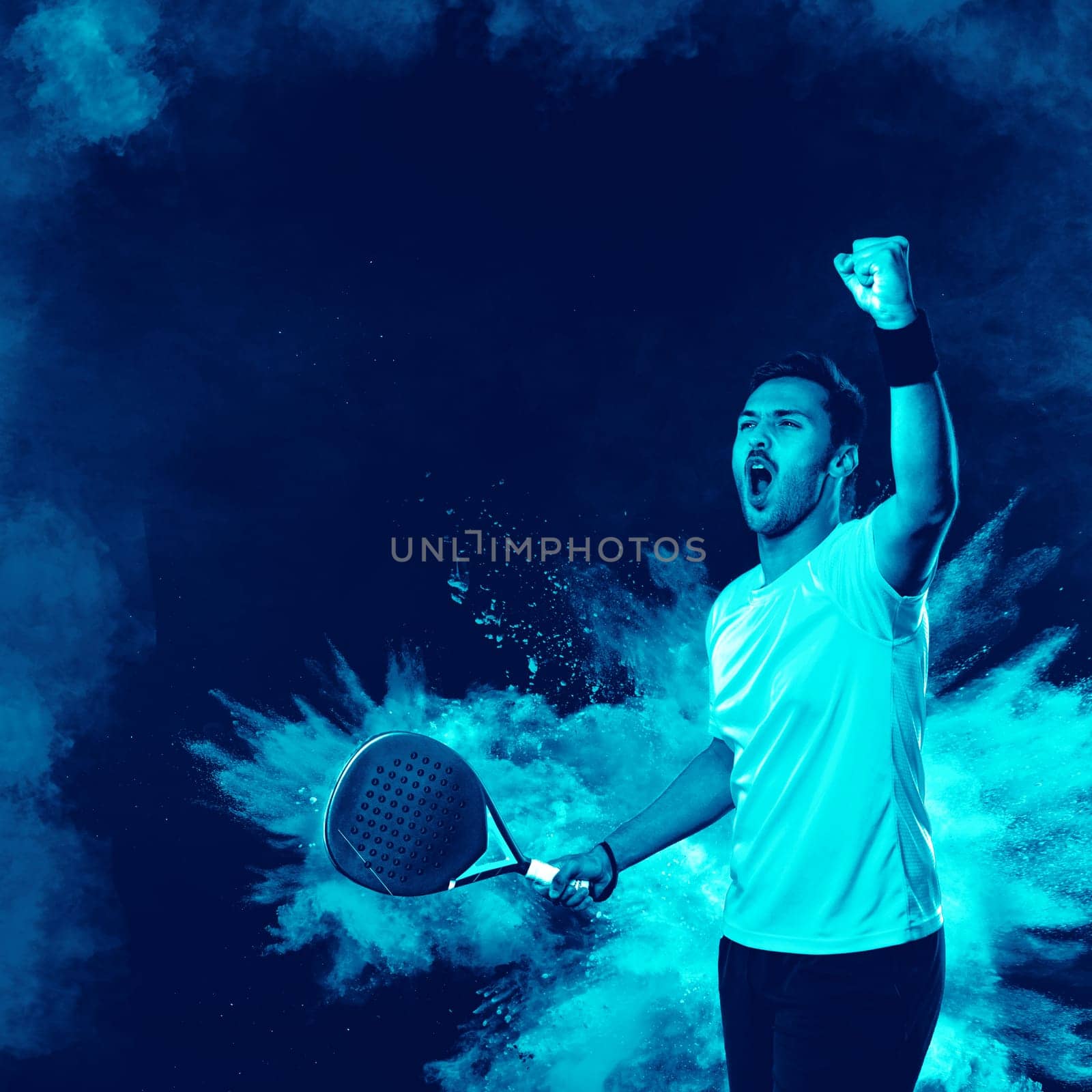 Padel tennis player in social media template. Man athlete with paddle tenis racket on blue background. Social media ads mockup. Thumb up. by MikeOrlov