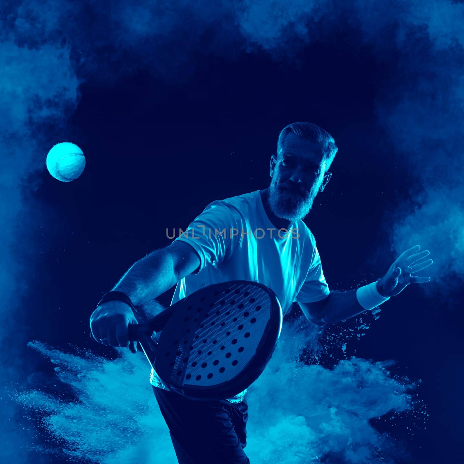 Padel tennis player in social media template. Man athlete with paddle tenis racket on blue background. Social media ads mockup. Thumb up. by MikeOrlov