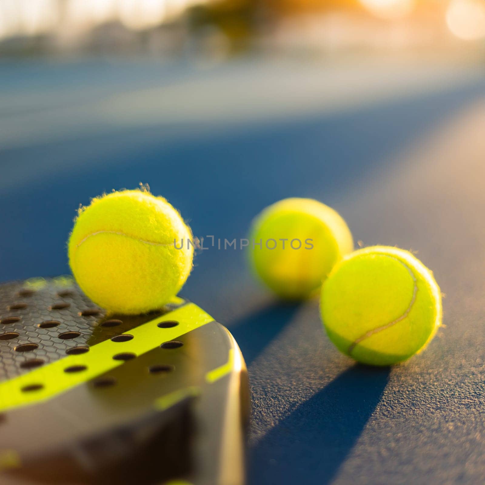 Padel tennis rackets. Sport court and balls. Download a high quality photo with paddle for the design of a sports app or social media advertisement