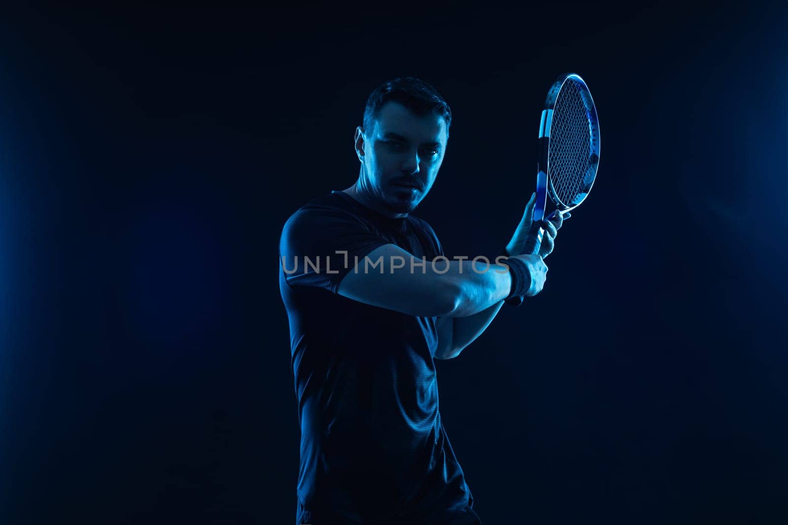 Tennis player banner on the black background Photo for sports tenis designs. by MikeOrlov