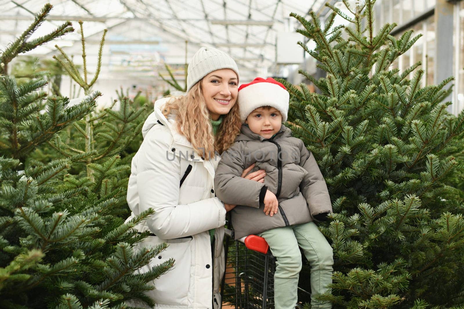 Mother and son buy a Christmas tree at a market. by Godi