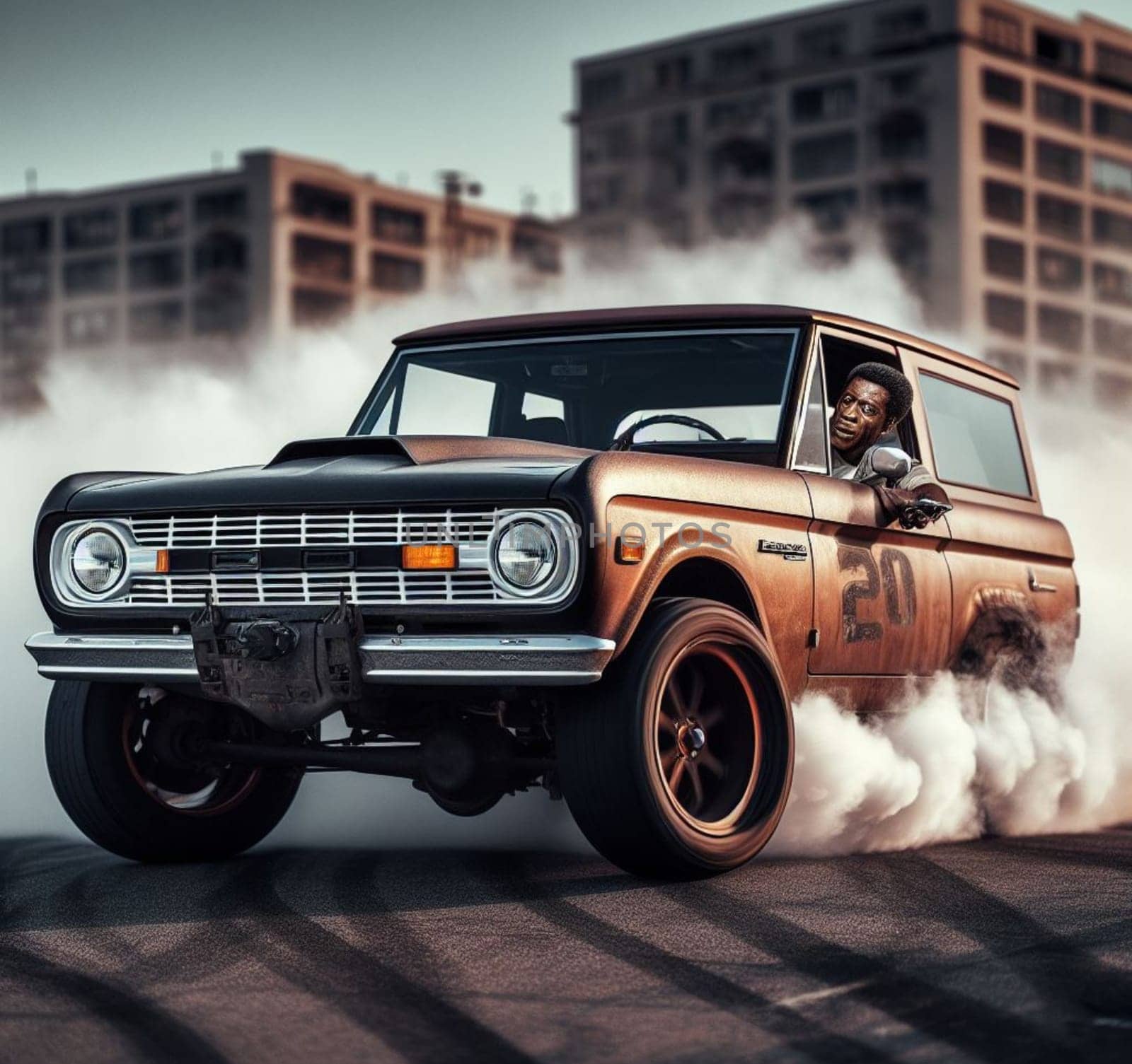 american 60s 70s pickup jeep suv custom tuned car drift burn rubber in rally race in the street by verbano