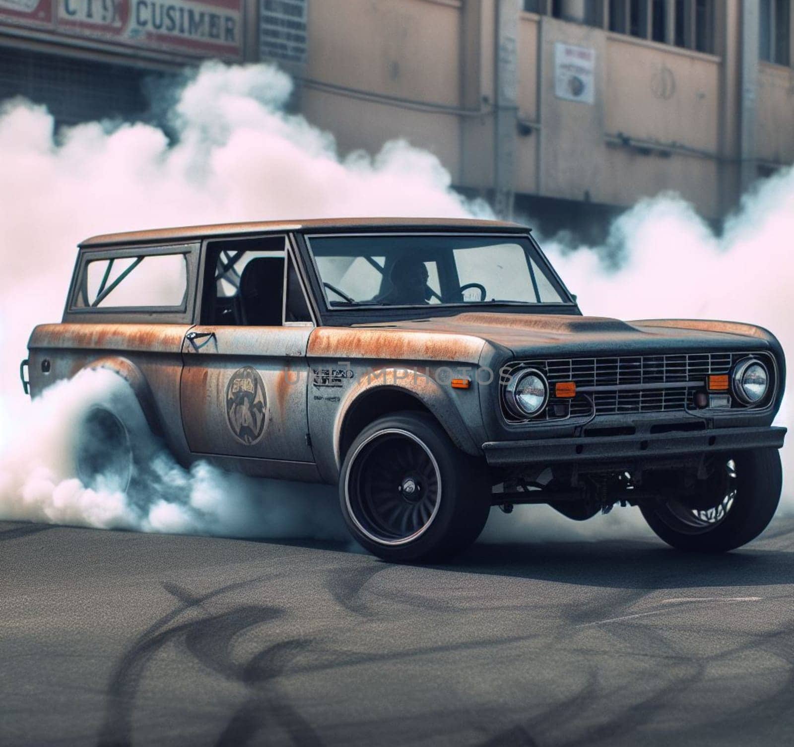 american 60s 70s pickup jeep suv custom tuned car drift burn rubber in rally race in the street by verbano