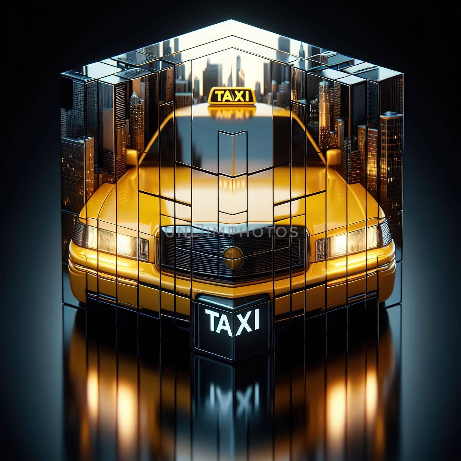 Illustration on the theme of taxi work in a big city. Generative AI by gordiza