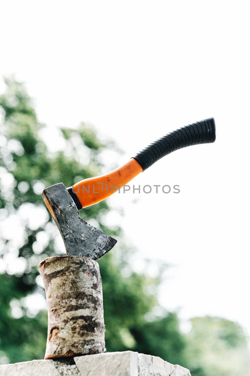 An axe with an orange handle sticks out in a stump against a green birch grass close-up