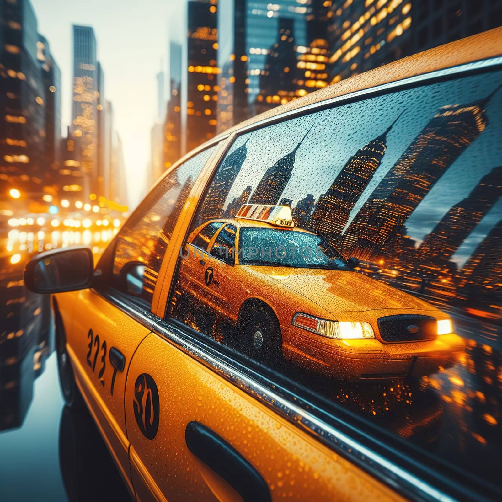 Illustration on the theme of taxi work in a big city. Generative AI by gordiza