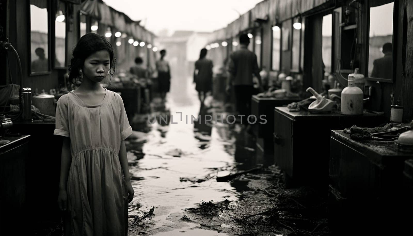Asian girl documentary black and white photography. black and white photo concept of women beauty portrait. Poor girl in Asia Culture shot