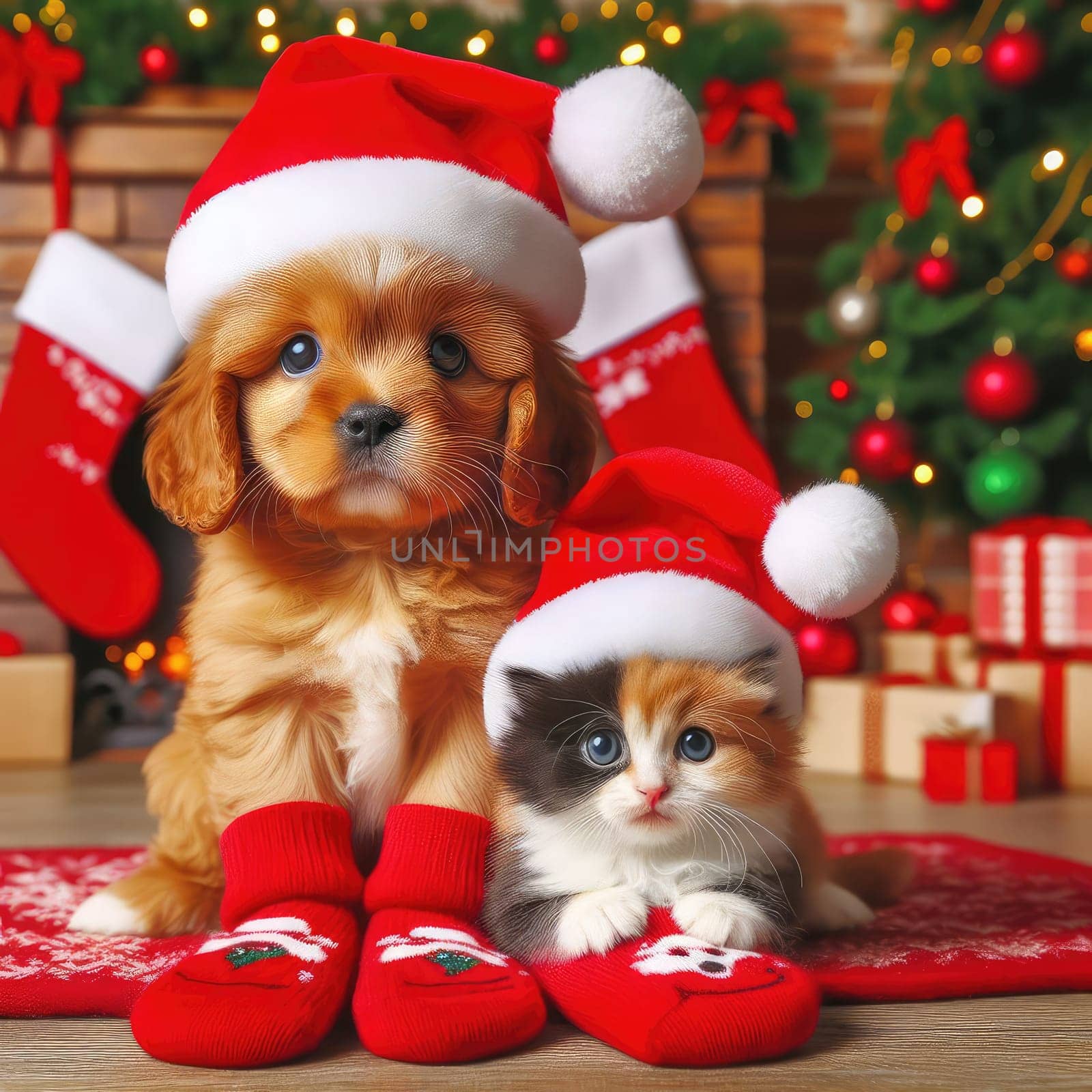 dog and cat and kitens wearing a santa hat, Christmas dog and cat.