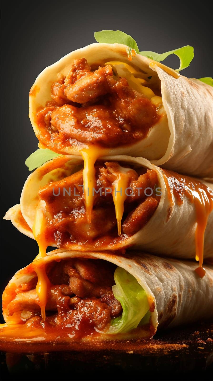 Burritos wraps with beef and vegetables on light background. Beef burrito, mexican food. Delicous food melted cheese grilled fast food