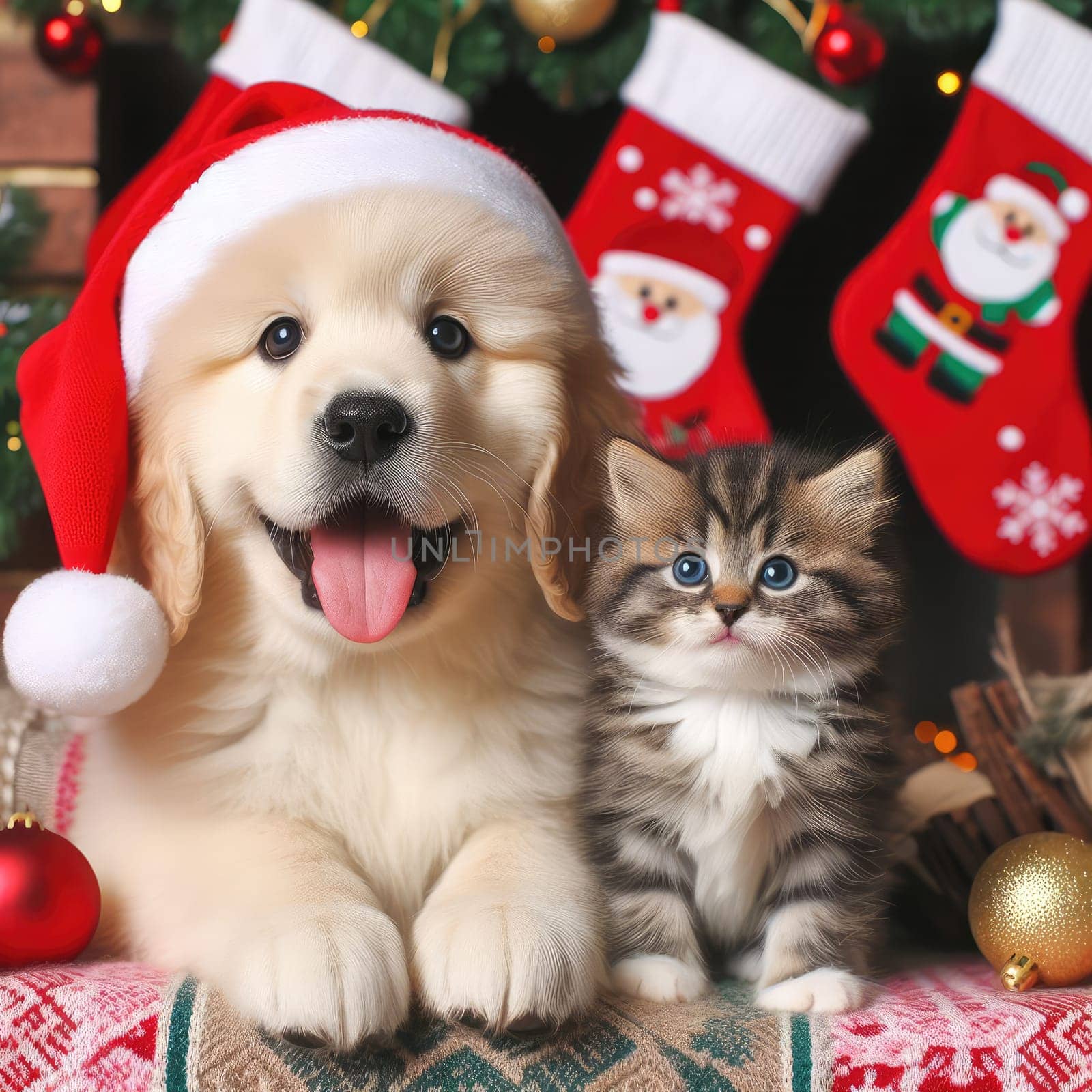 dog and cat and kitens wearing a santa hat, Christmas dog and cat.