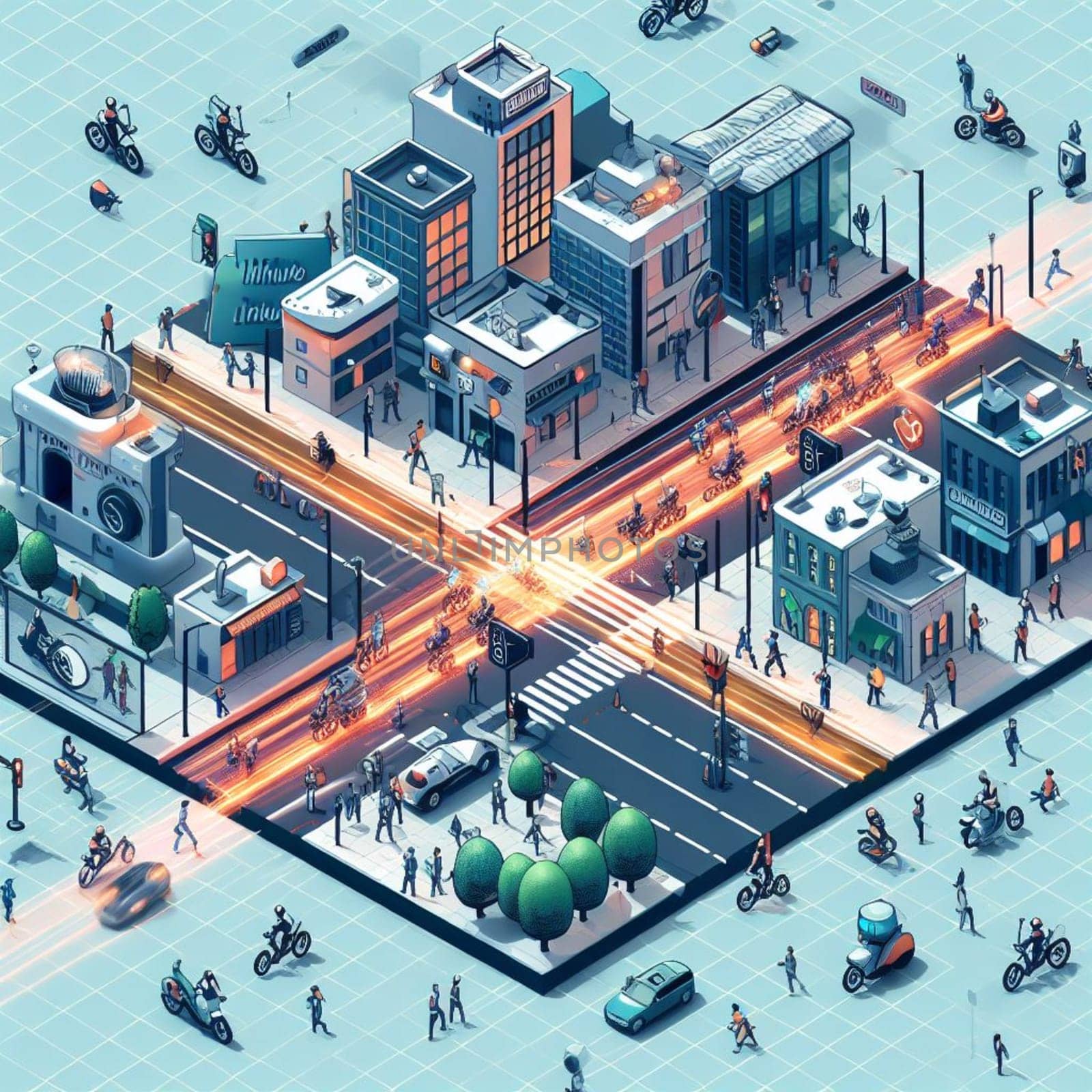 15 minute city isometric map, people, transport, security, cameras, drone and bot police, border by verbano