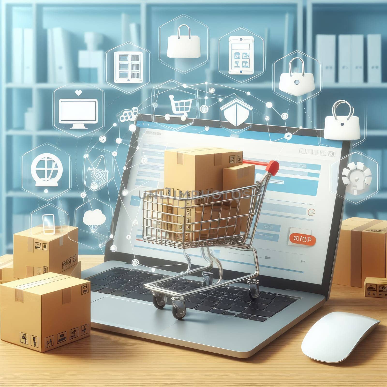 Product package boxes in cart with shopping bag and laptop computer with blurred web store shop. by Kobysh