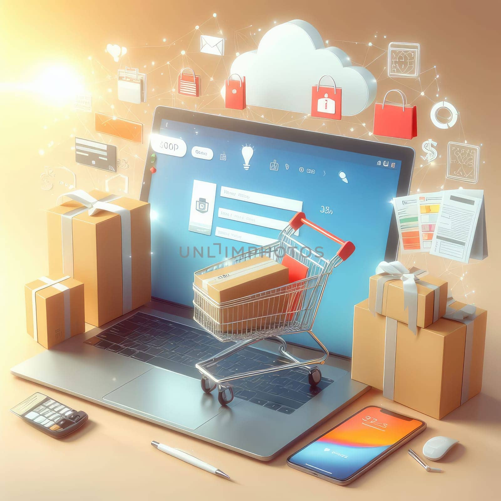 Product package boxes in cart with shopping bag and laptop computer with blurred web store shop on screen for online shopping and delivery concept