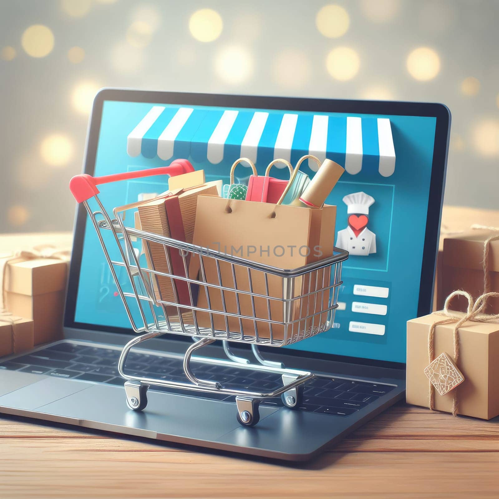 Product package boxes in cart with shopping bag and laptop computer with blurred web store shop on screen for online shopping and delivery concept