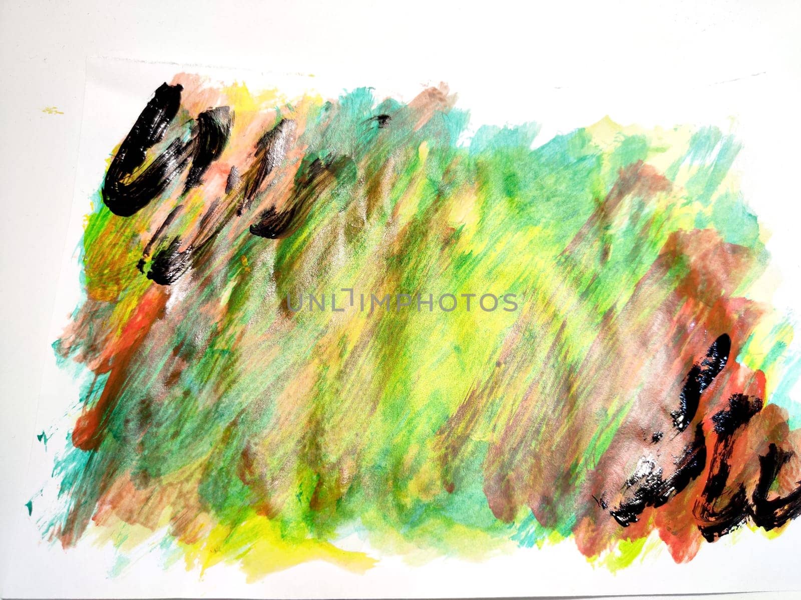 Background made of abstract painting with watercolor paints with water stains, waves and lines in yellow, green, red and black colors. Texture, pattern, frame, copy space and place for text