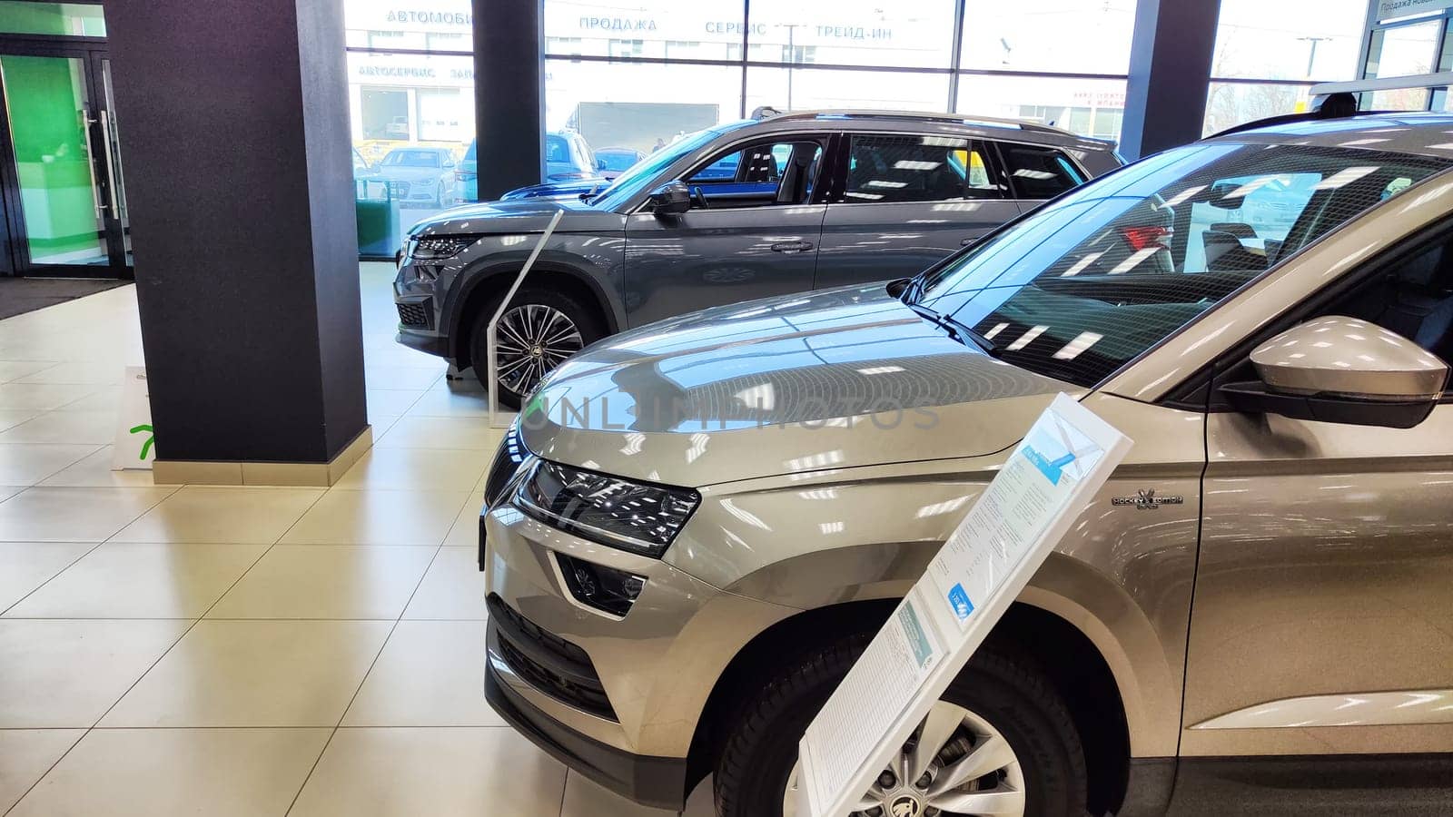 Kazan, Russia - April 04, 2023: Cars in showroom of dealership Skoda. Re-export to Russia