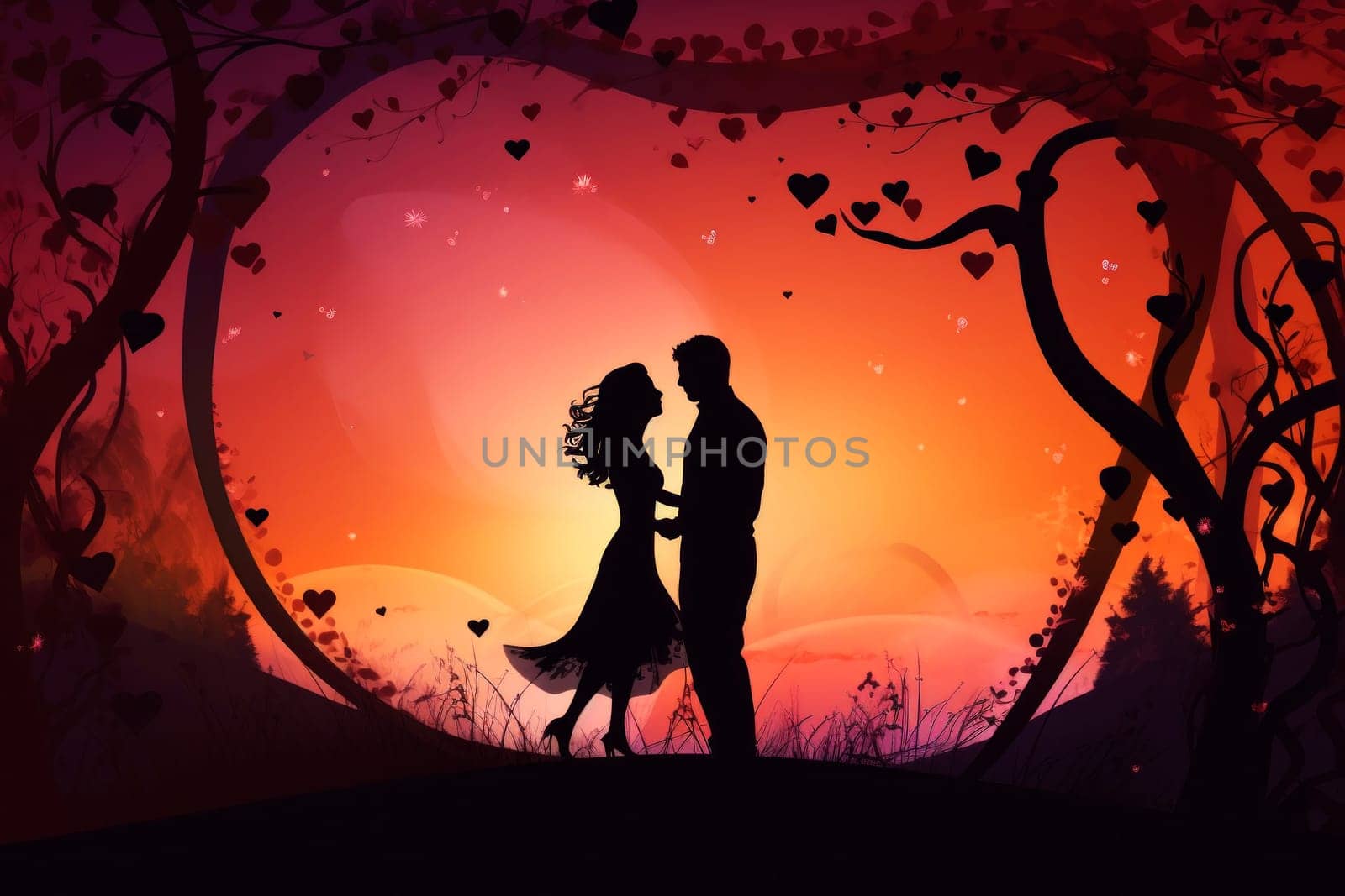 Silhouette of a loving couple of a man and a woman against a sunset background by andreyz