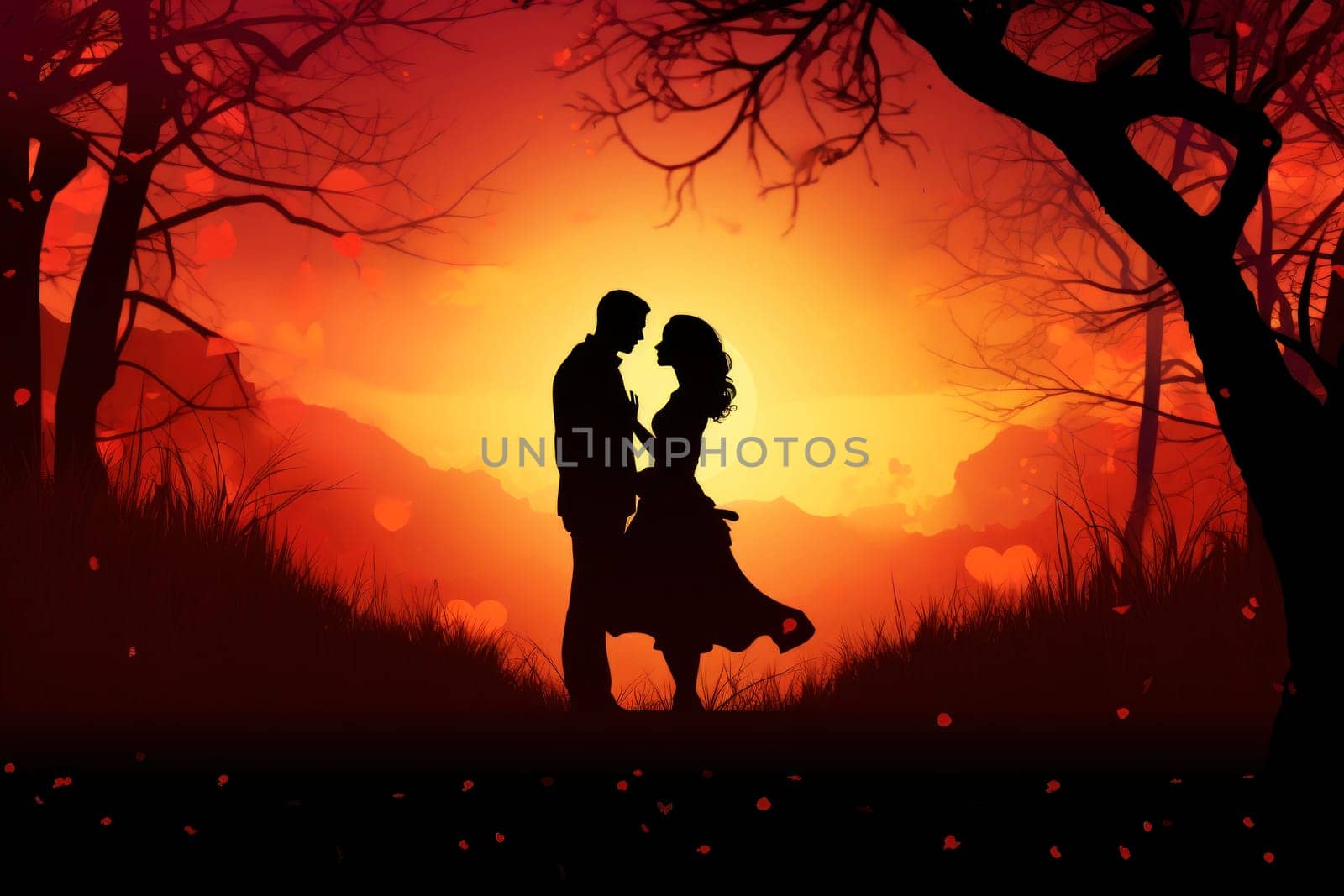 Silhouette of a loving couple of a man and a woman against a sunset background, the concept of love and relationships. Valentine's day background.