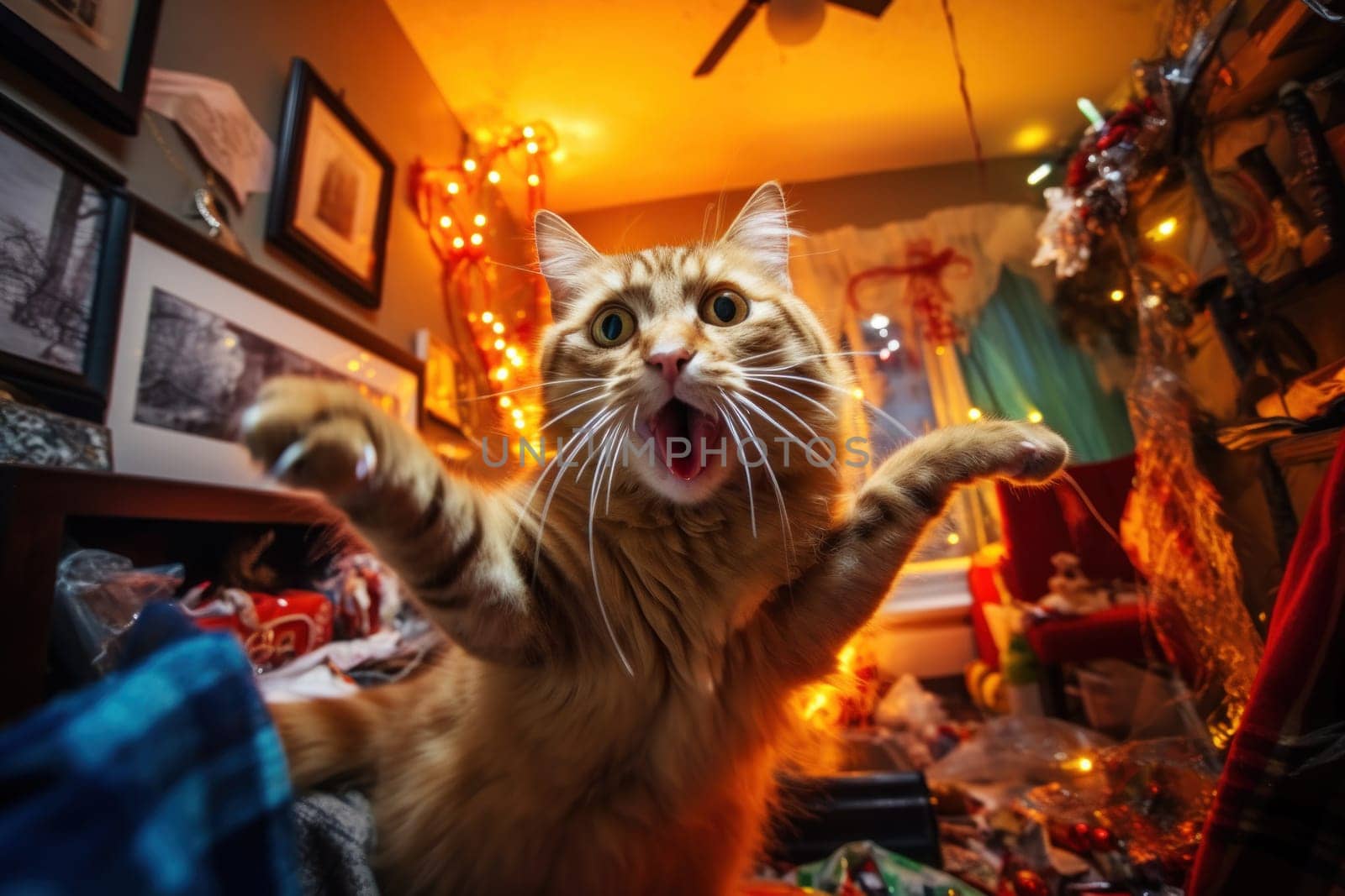 A mischievous cat left alone at home wreaks havoc in a room decorated for Christmas. A cat is having a merry Christmas