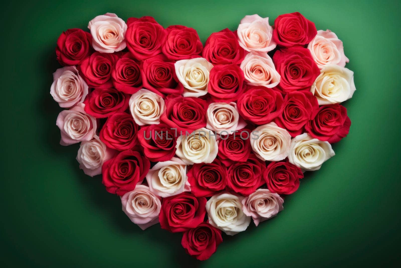 Rose flowers are artfully arranged in the shape of a heart, creating a romantic floral masterpiece. Valentine's Day background. Top view background.
