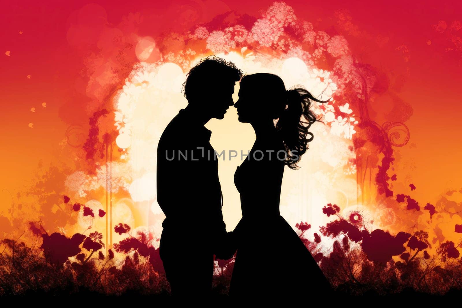 Silhouette of a loving couple of a man and a woman against a sunset background by andreyz