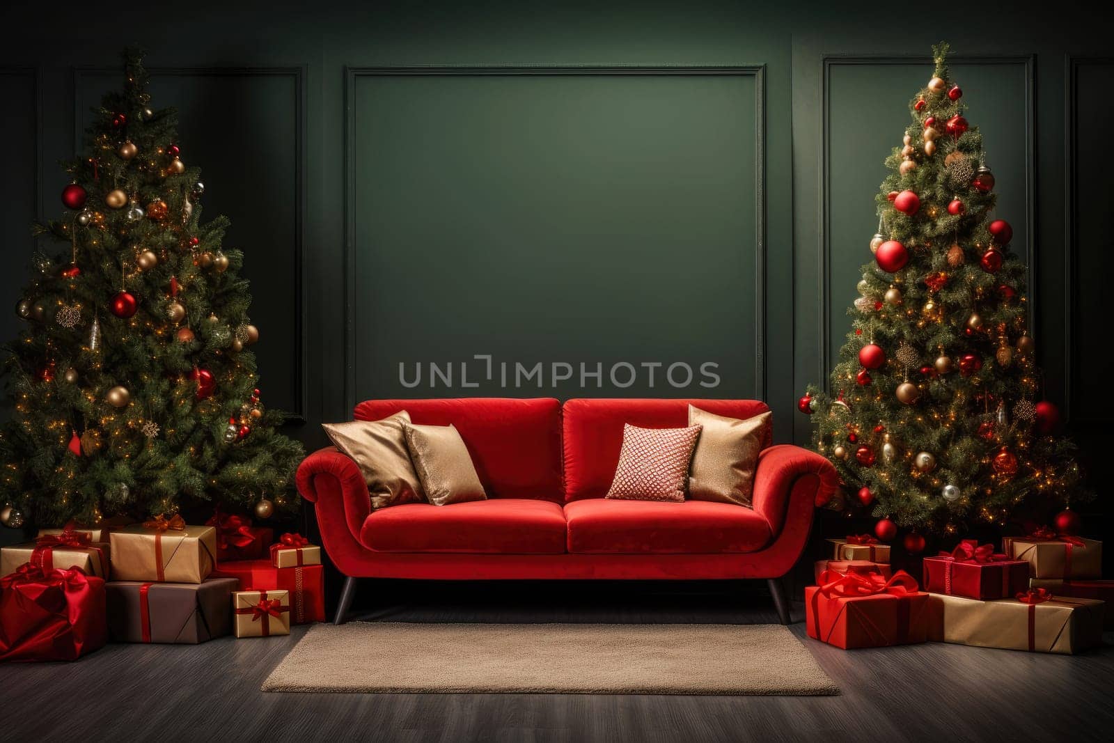 Christmas background with Christmas tree, gifts and sofa against a wall with empty space. Mock up. Christmas card