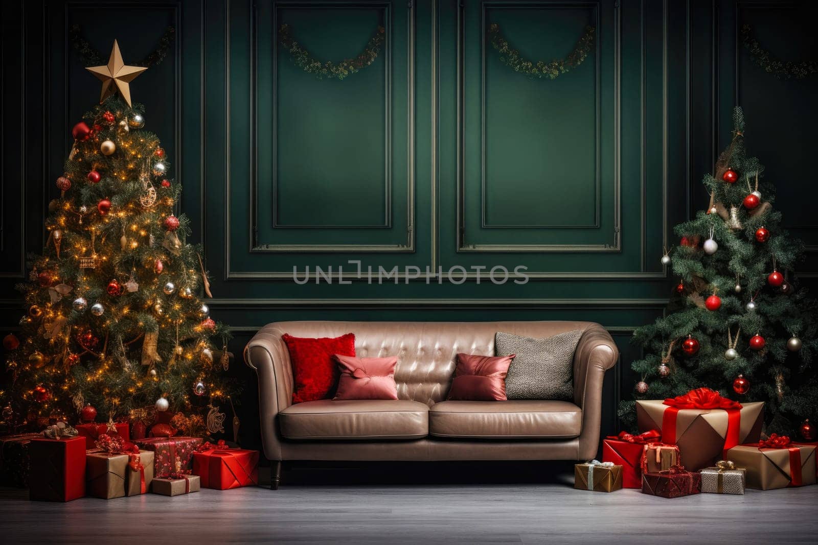 Christmas background with Christmas tree, gifts and sofa against a wall with empty space. Mock up. Christmas card