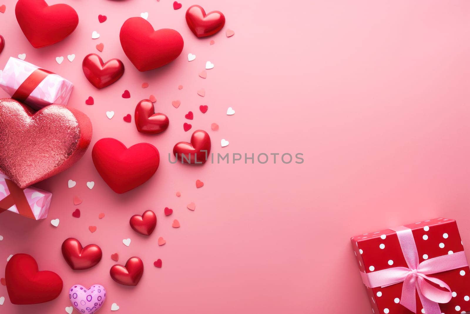 A festive background filled with candy, hearts and gift boxes. Background for Valentine's Day