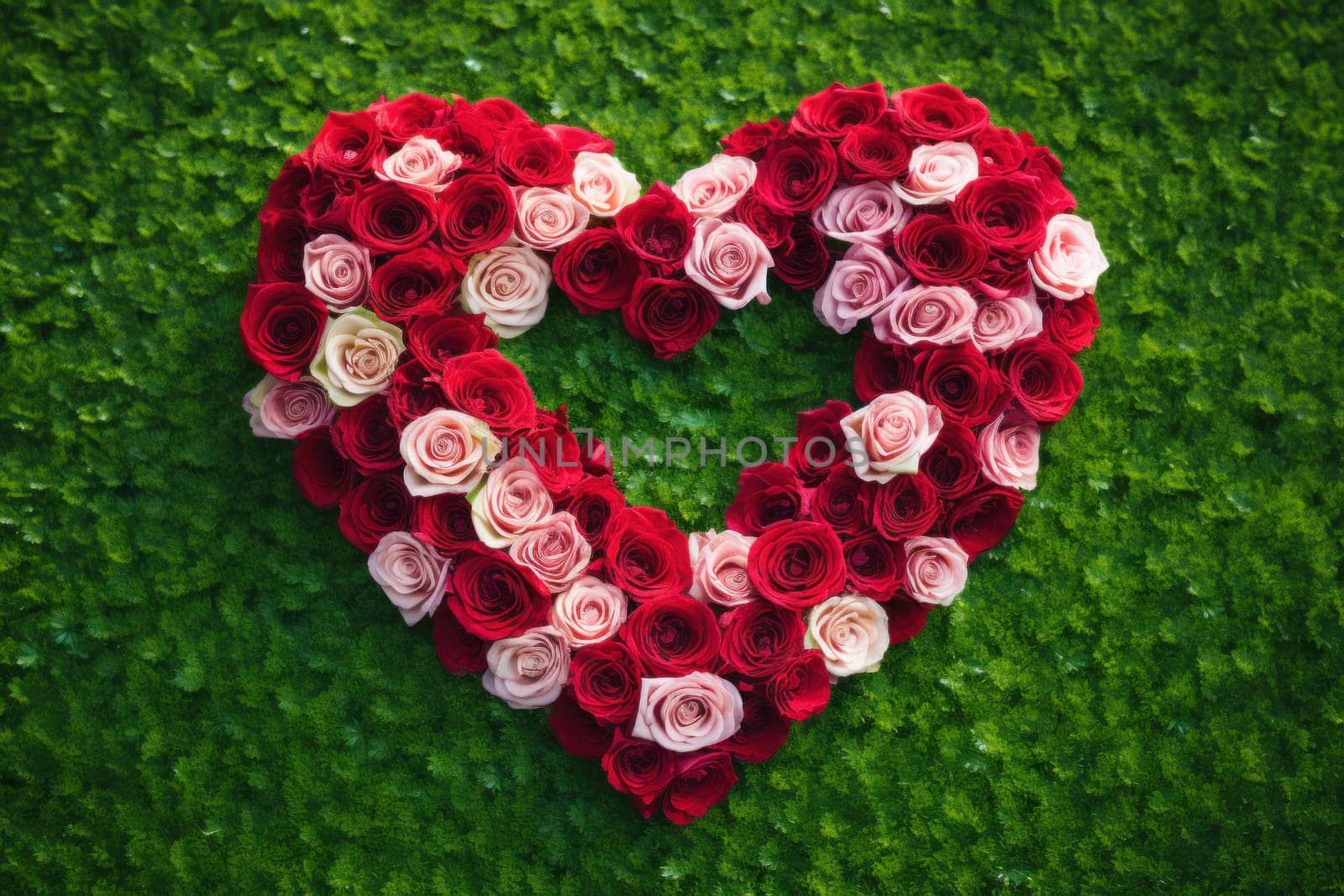 Rose flowers arranged in heart shape on a green background by andreyz