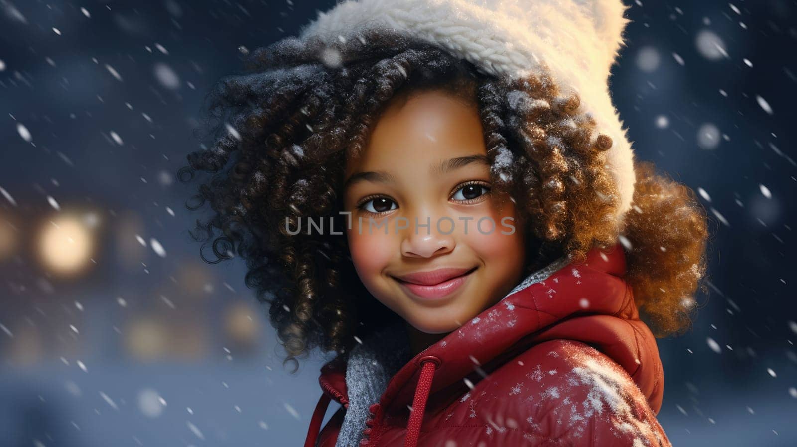 Happy African American kid is looking to the camera. Christmas holiday shopping. Give and share kindness
