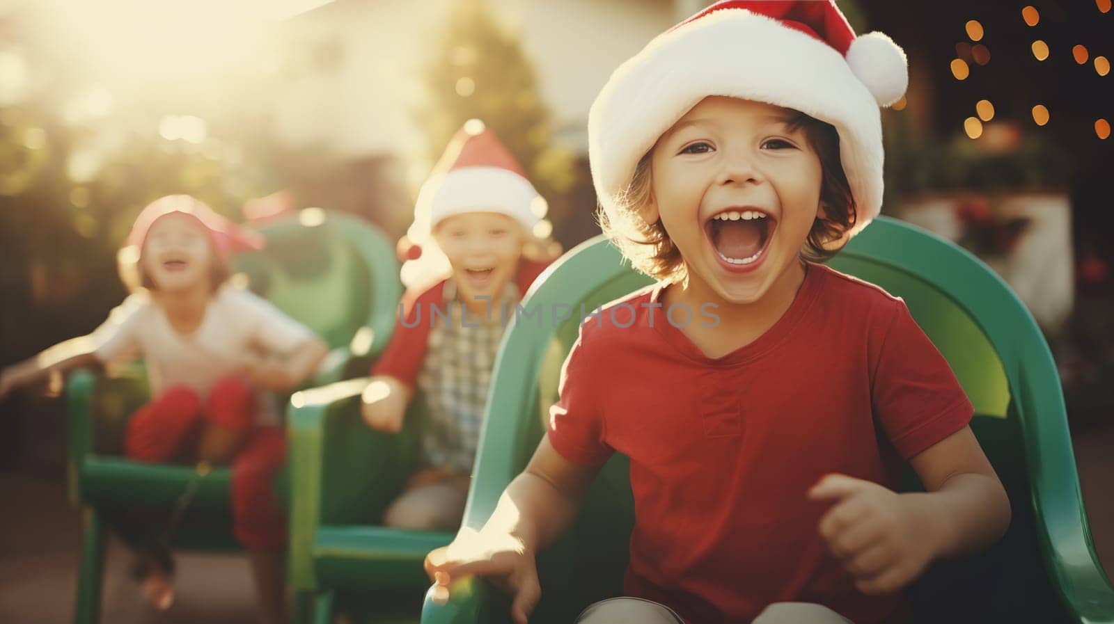 Happy kids in red Santa hat have fun and laughing. Christmas games and fun. by JuliaDorian