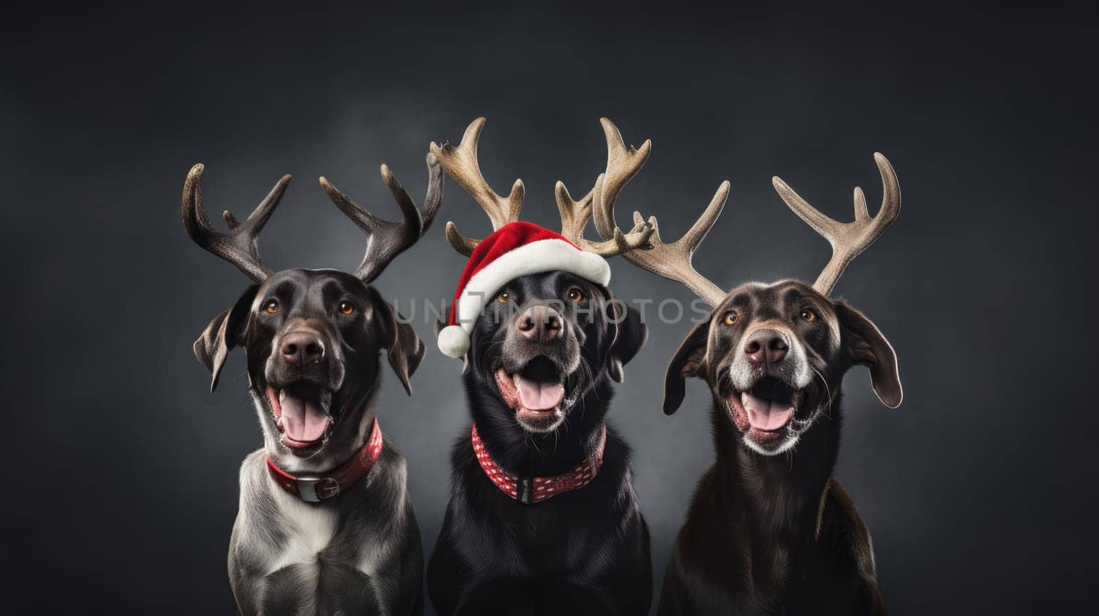 Three dogs celebrating Christmas holidays wearing red Santa Claus hat, reindeer antlers and red present ribbon