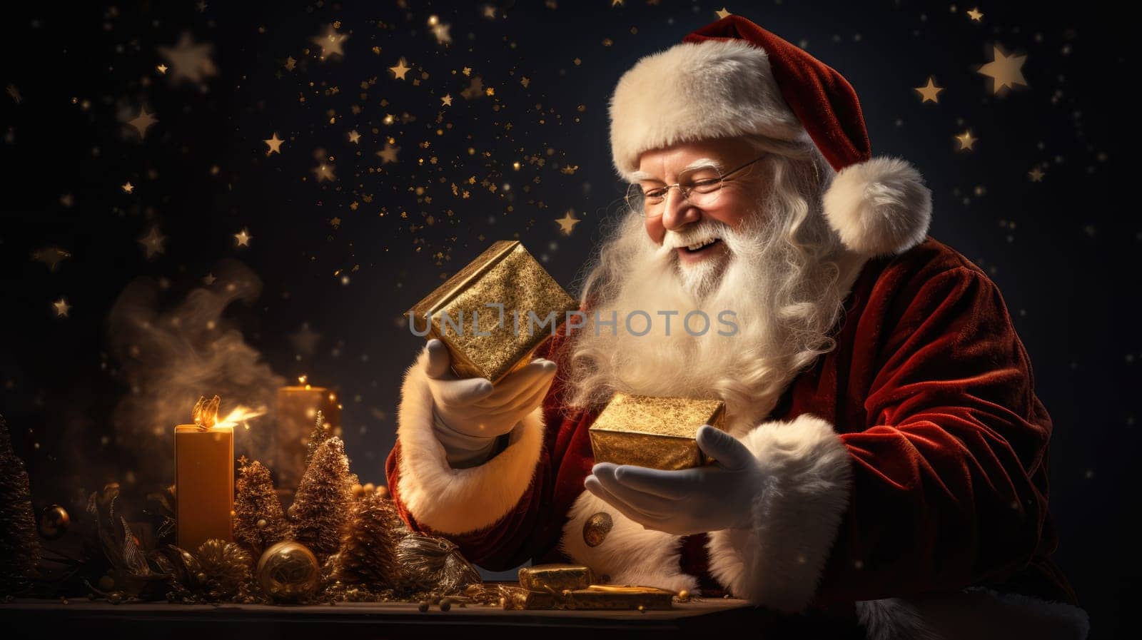 Happy old Santa Claus holding gift box sitting at workshop on Christmas eve