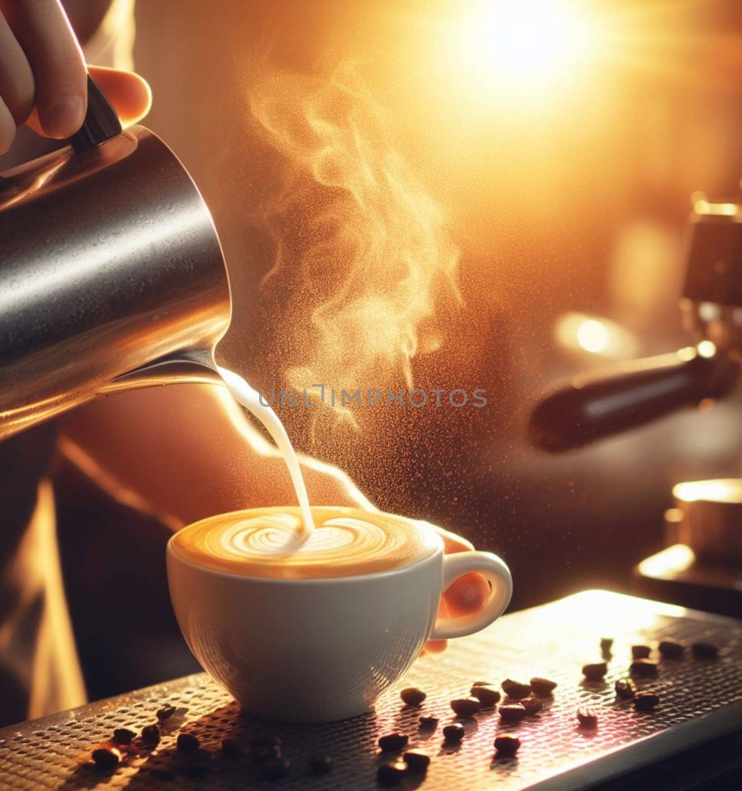 make latte art golden cappuccino at bar expert barista splashing cream fantasy illustration render art generated