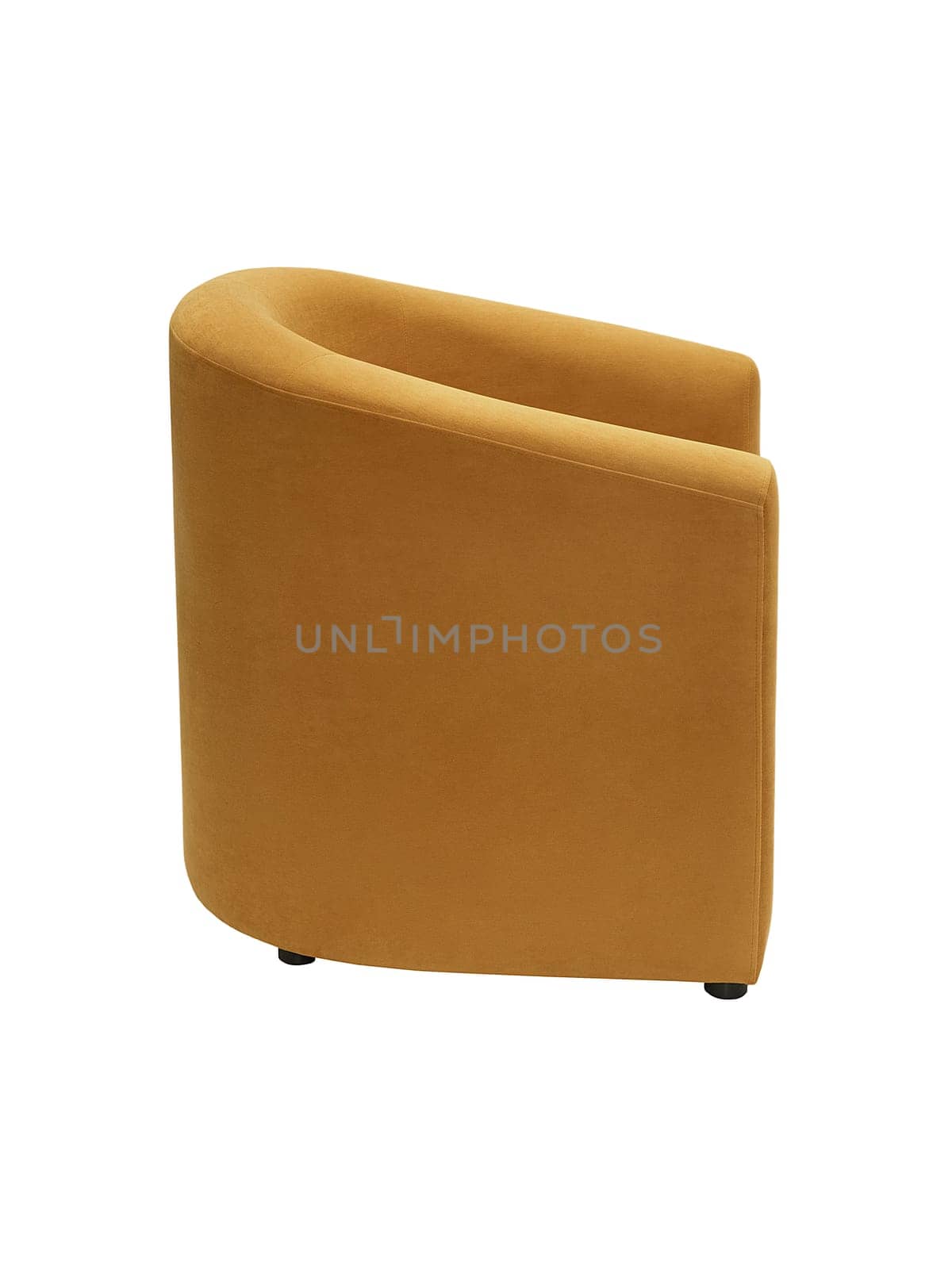 modern orange fabric armchair with small legs isolated on white background, side view.