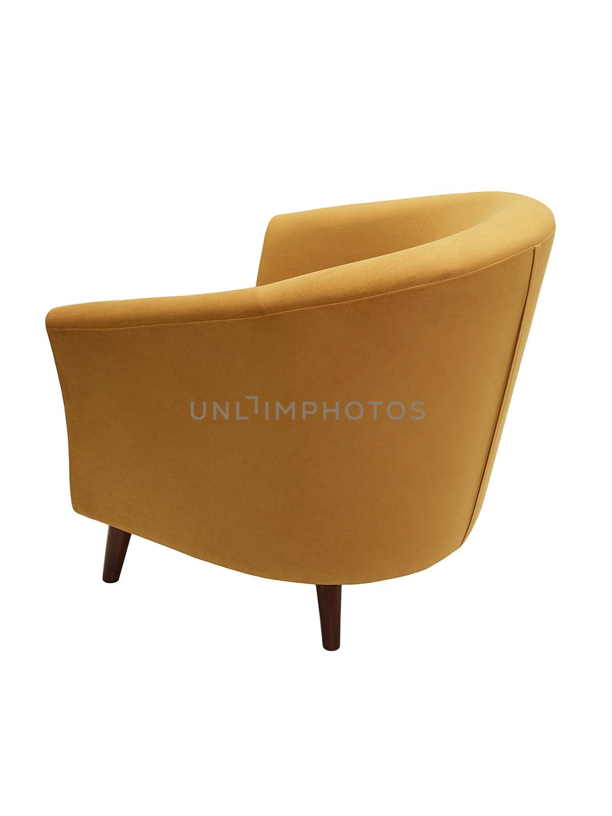 modern orange fabric armchair with wooden legs isolated on white background, back view.