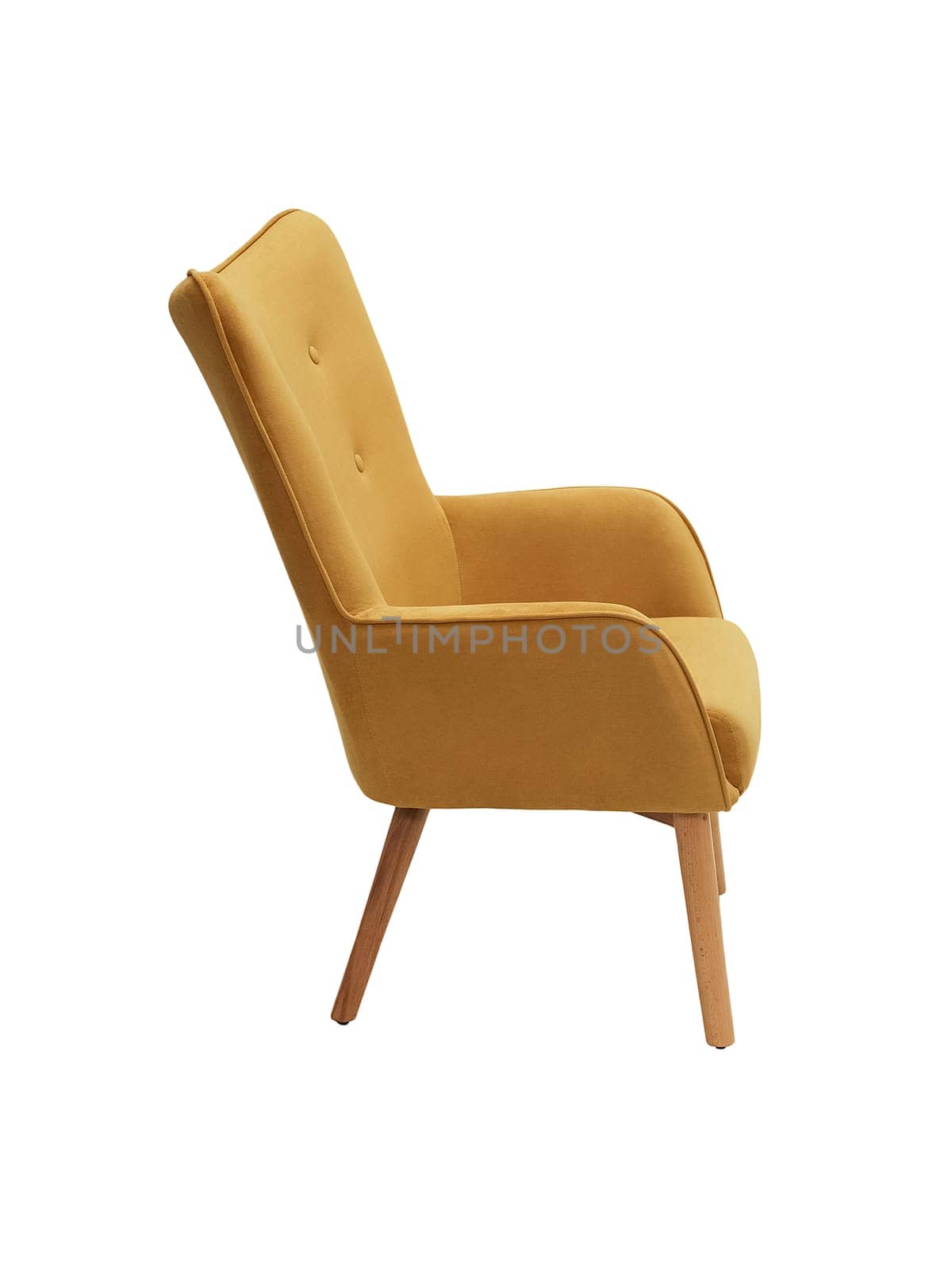 modern orange fabric armchair with wooden legs isolated on white background, side view.