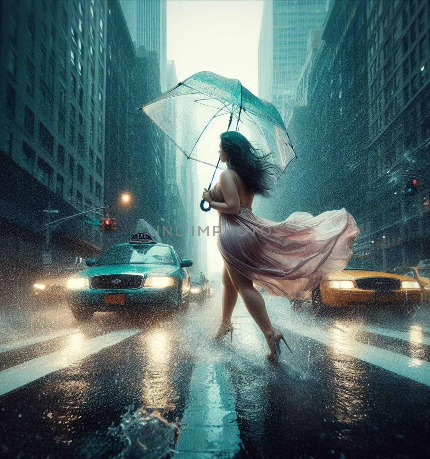 voluptous woman using umbrella joyful wearing a light floral dress under heavy rain in New York City among traffic crossing street painting