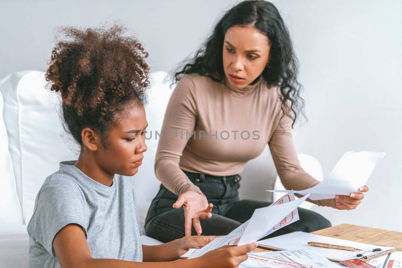 Stressed African American women has financial problems with credit card debt to pay crucial show concept of bad personal money and mortgage pay management crisis.