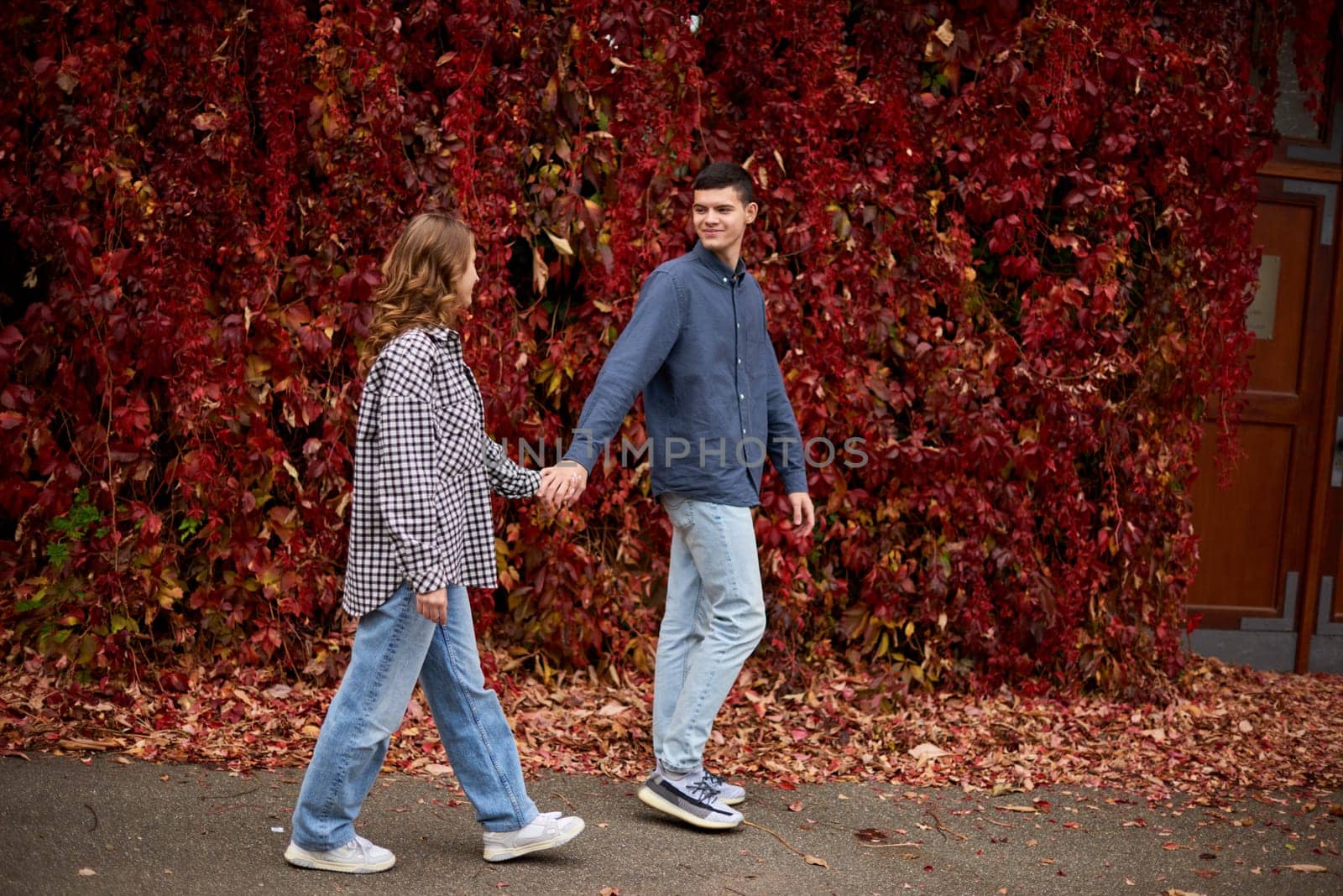 Warm Embrace of Teen Love in the Autumn Park. Capturing Teen Moments: Love Blossoms in Autumn's Embrace. Teenagers in Love: Embracing the Autumn Vibe by Andrii_Ko