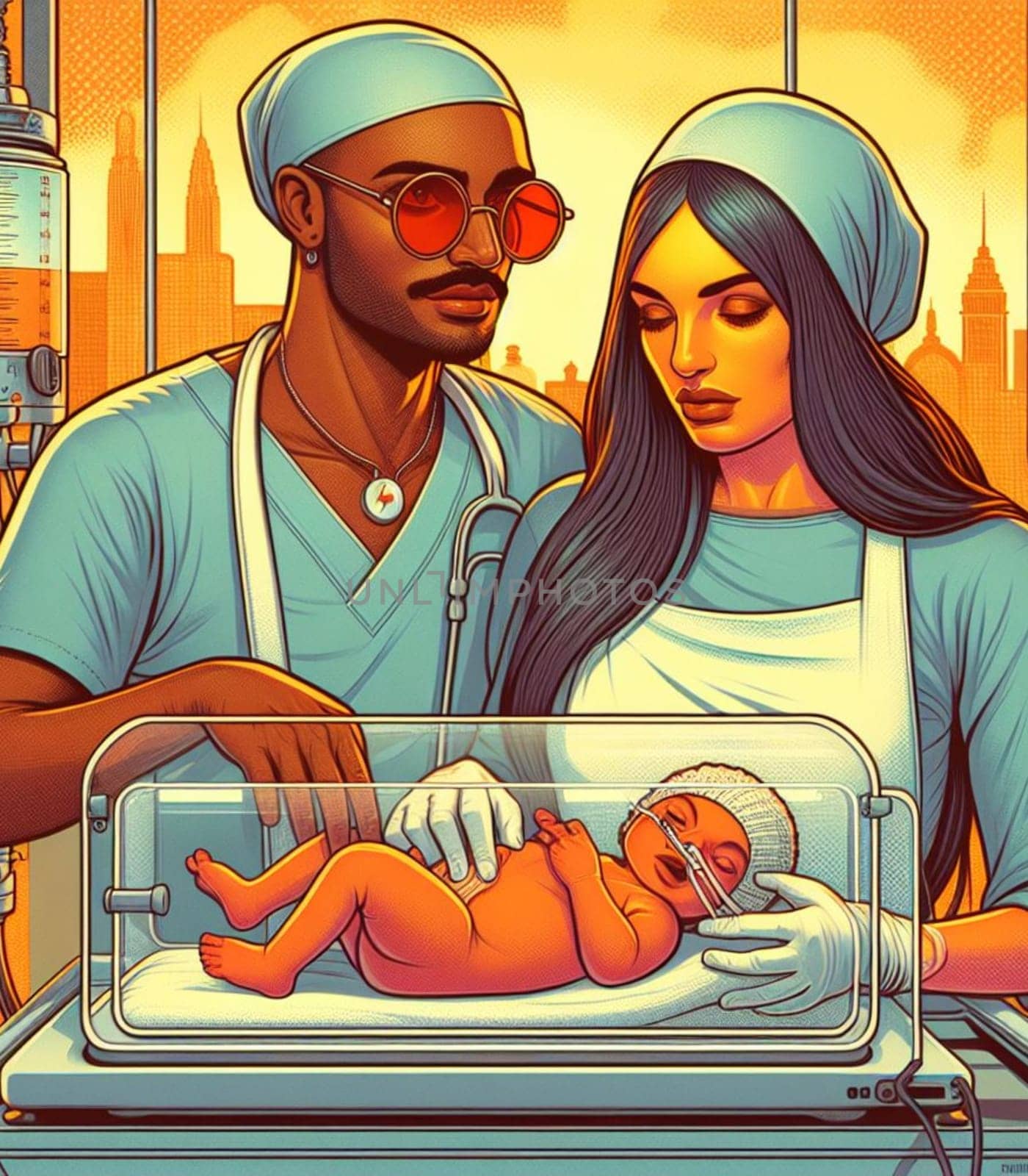 illustration depicting medical staff people at the hospital take care of newborn baby ai generated