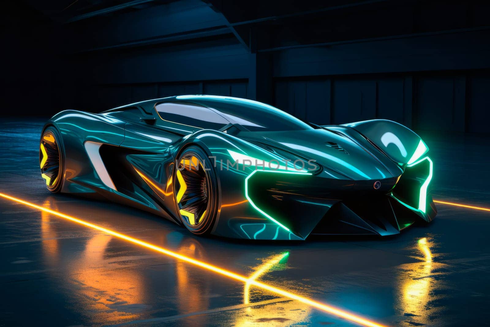 A futuristic car with glowing lights on the floor