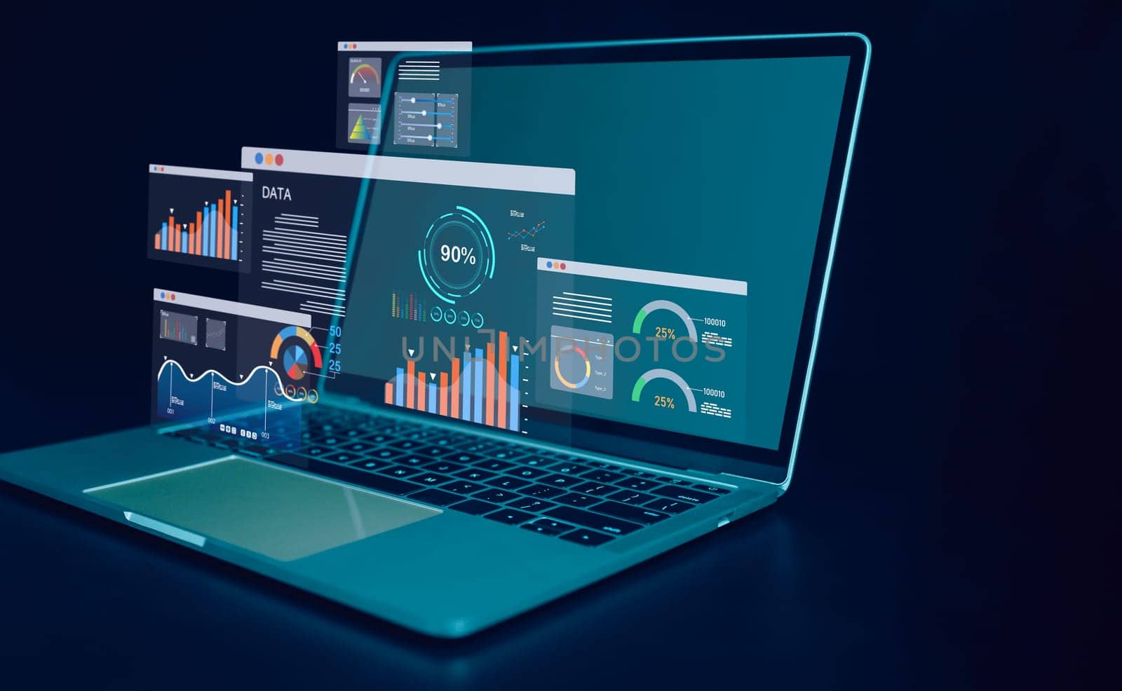 Laptop computer on dark background and dashboard for business analysis. Data and management system with KPIs and indicators connected to databases for finance, technology, operations, marketing, sales analysis. by Unimages2527