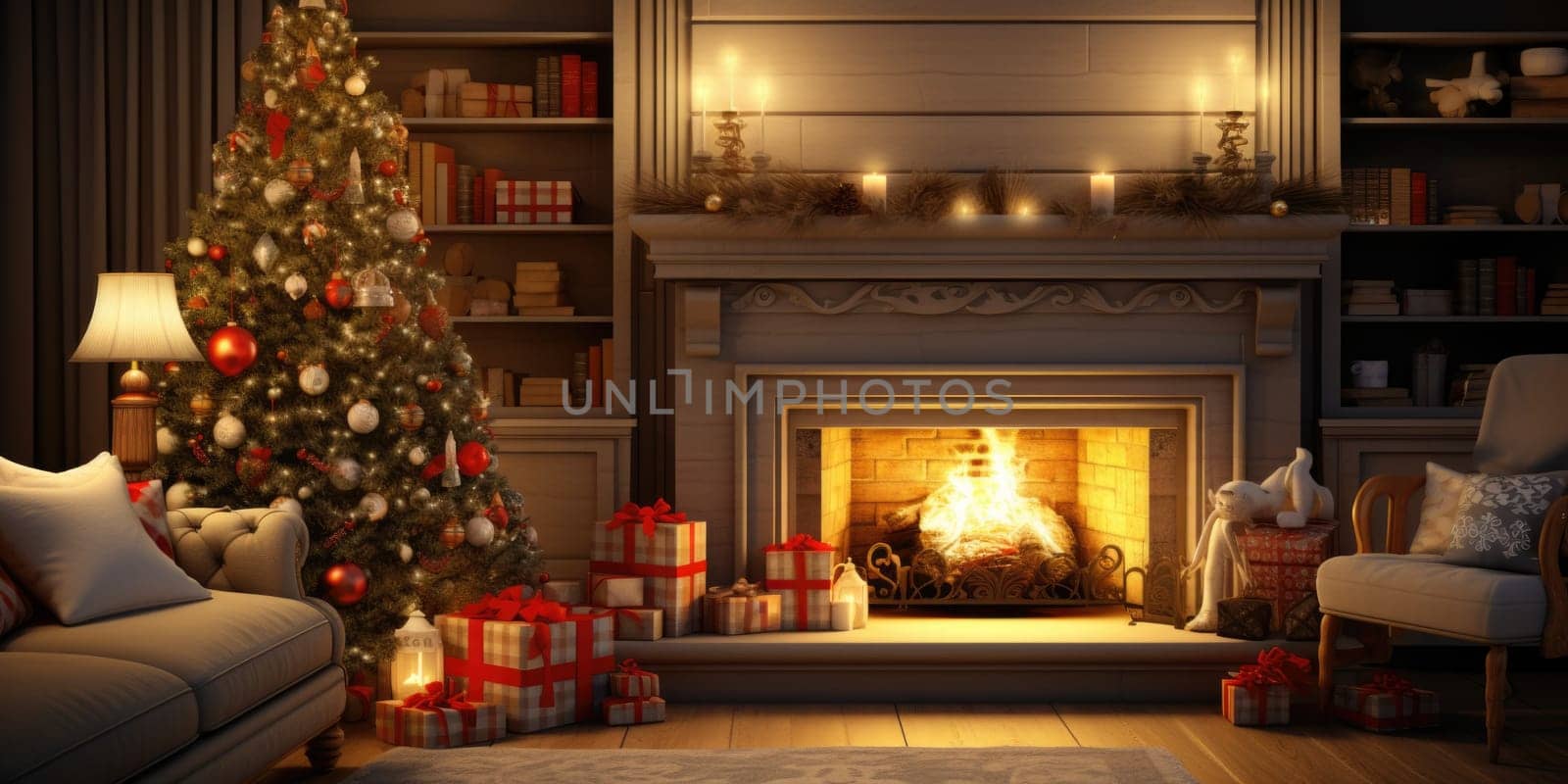 Interior of decorated living room with Christmas tree and comfortable sofa for family comeliness