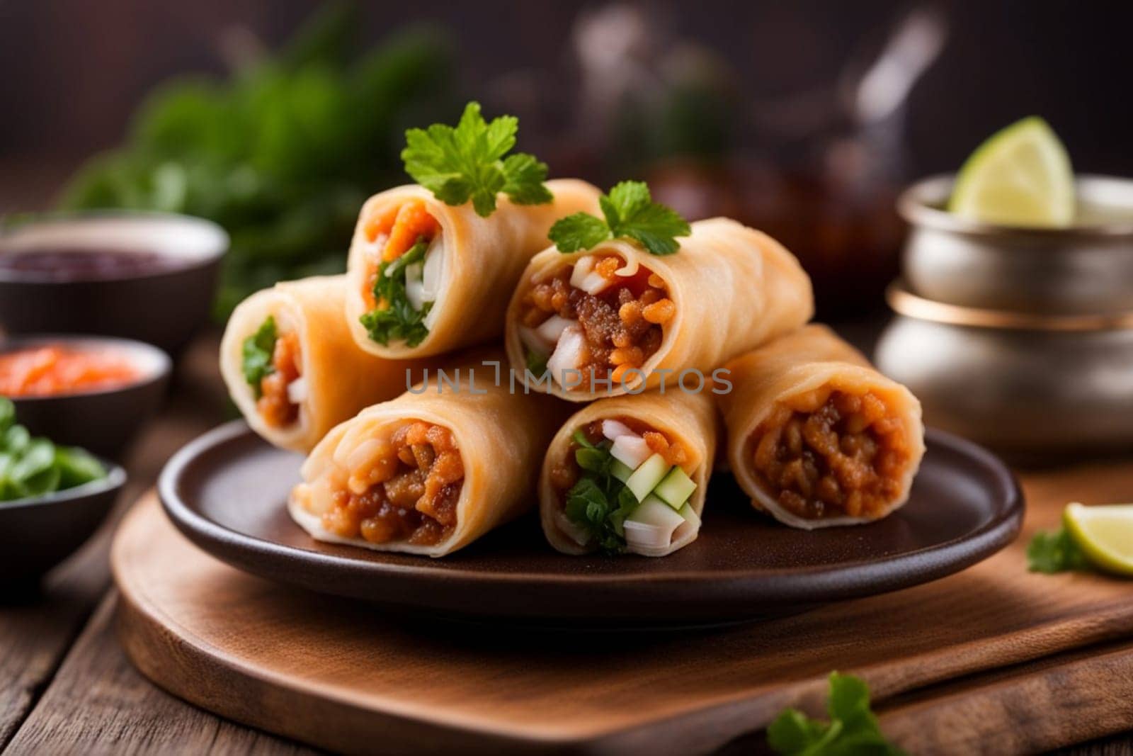 delicious ready to eat asian spring rolls in a dish over a dark wooden table, editorial style by verbano