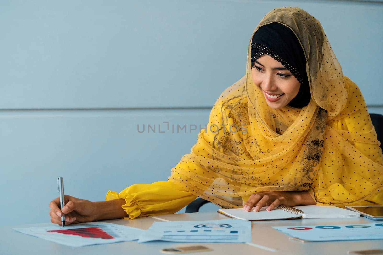 Successful Middle Eastern Muslim businesswoman working in office. International business success concept. uds