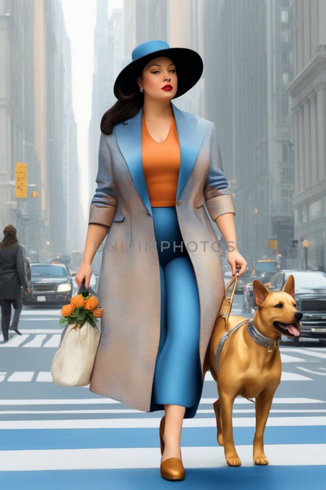 curvy elegant empowered business woman walking with dog in downtown illustration by verbano