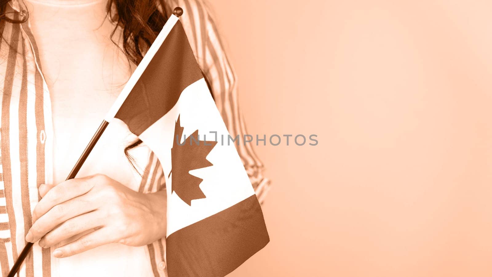 Unrecognized girl student in shirt holding small Canadian flag. Image toned in Peach Fuzz color of the year 2024. Canada day, holiday, vote, immigration, tax, copy space.
